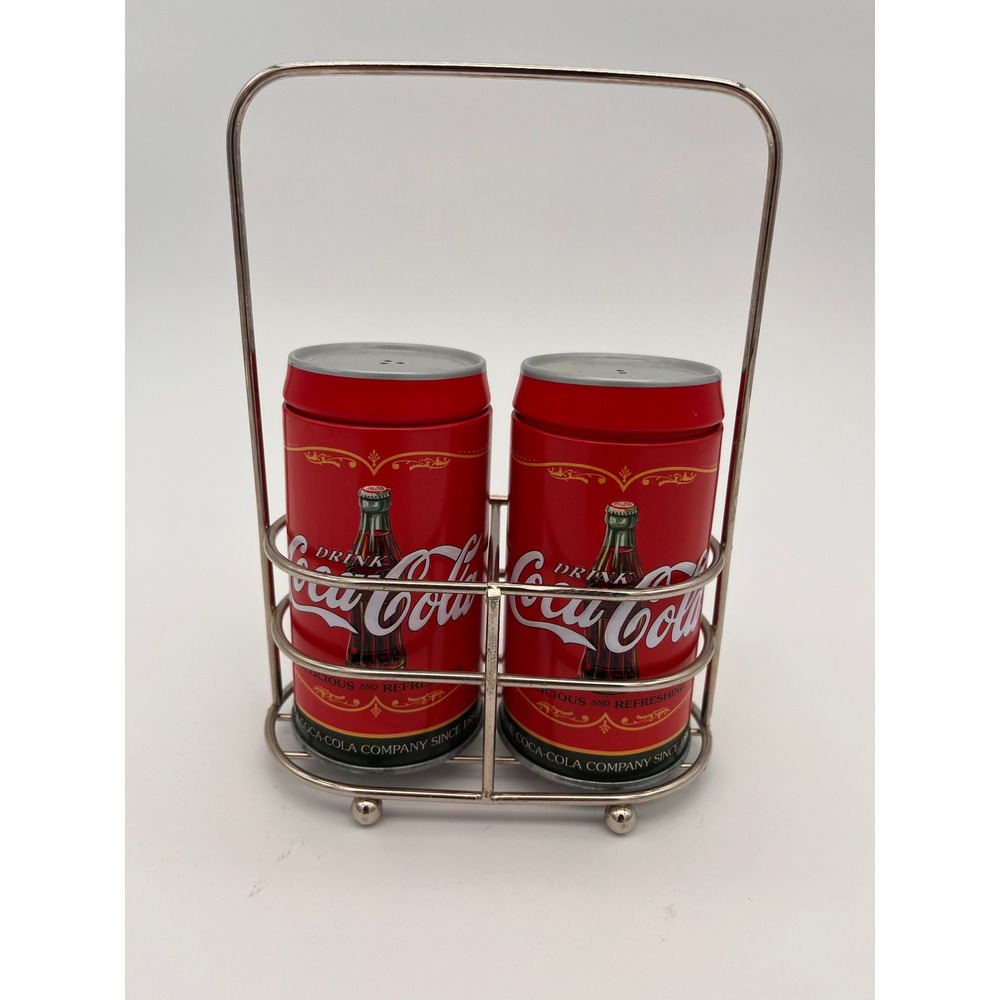 Coca-Cola Salt and Pepper Shaker Set Red Soda Can Design with Metal Caddy
